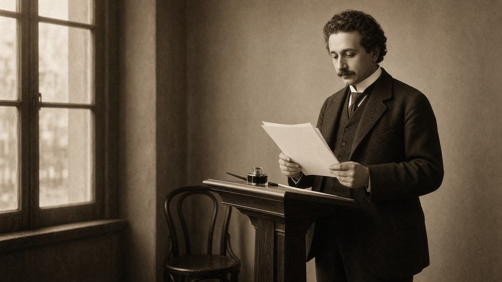 SI illustration of a young Albert Einstein with dark wavy hair and a mustache, in a dark three-piece suit and high white collar, reading blank papers at a wooden standing lectern by a tall window, with an inkwell and dip pen on the ledge and a bentwood chair beside him. Sepia.