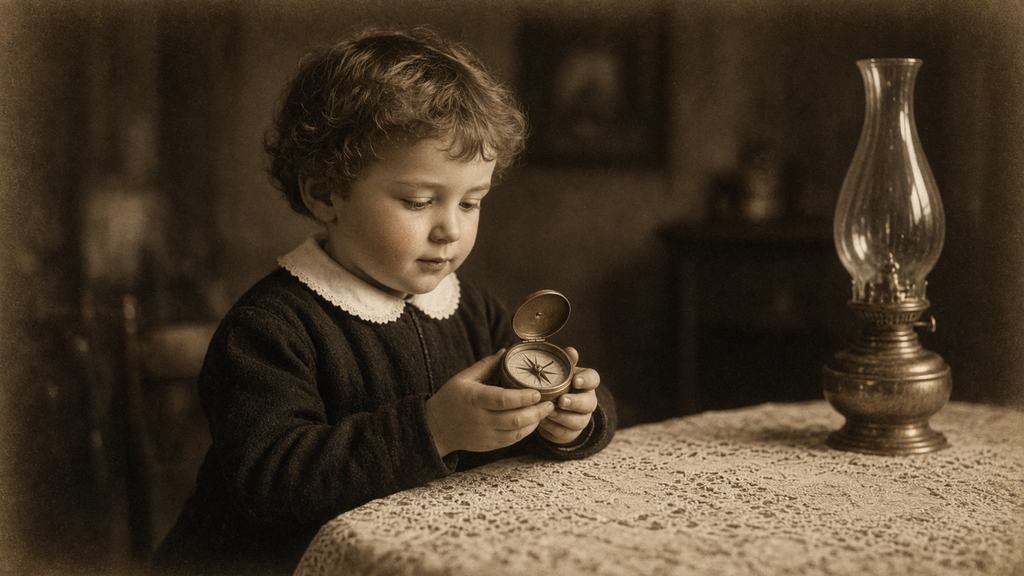 SI illustration of a small boy of about 5 in a dark smock with a white lace collar, looking down at an open brass pocket compass in his hands, at a table with a lace cloth beside a brass oil lamp. Sepia.