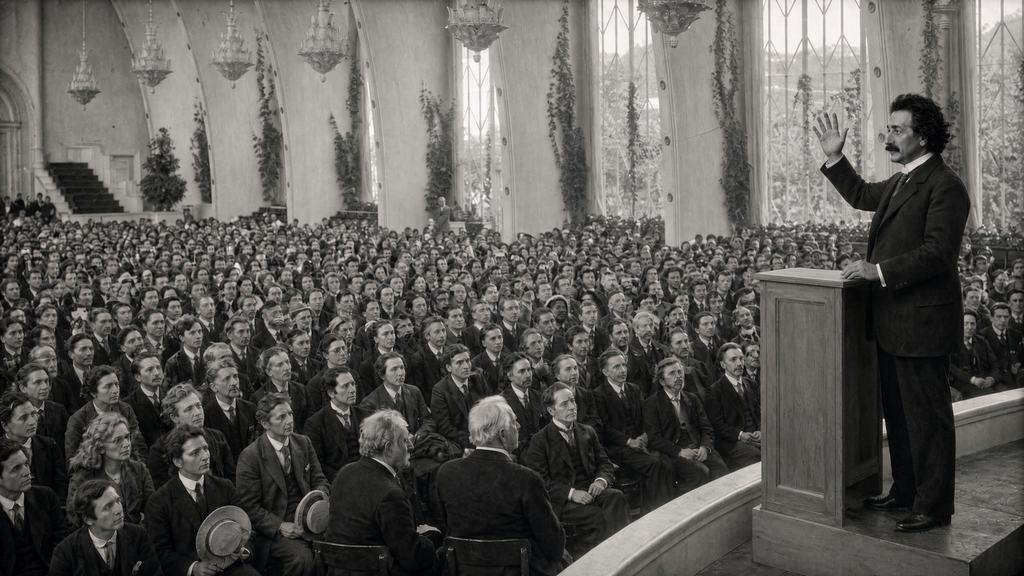 SI illustration of a dark-haired Albert Einstein, aged 44, with a mustache and a dark suit, seen in profile at a wooden lectern on a low stage at the right, one hand raised, facing a packed hall of seated men and women who look toward him. Black and white.