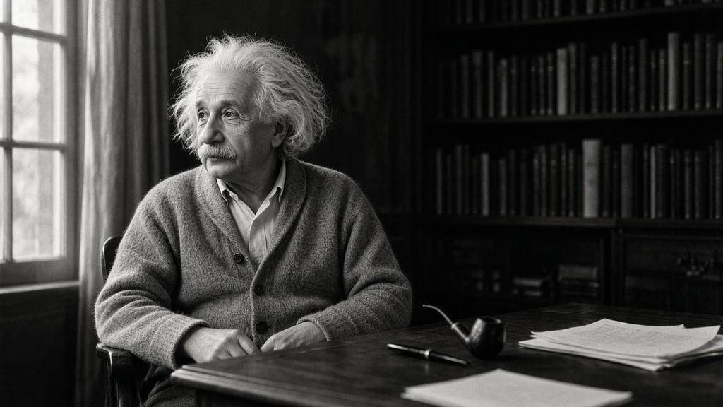 SI illustration of Albert Einstein, white-haired and about 70, in a gray cardigan, seated at a dark desk in a book-lined study, turned toward a tall window, with a pipe, a fountain pen and blank papers on the desk. Black and white.
