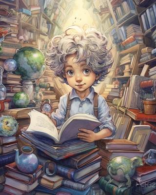 SI illustration of a curly-haired child reading a large book among towering stacks of books and globes.