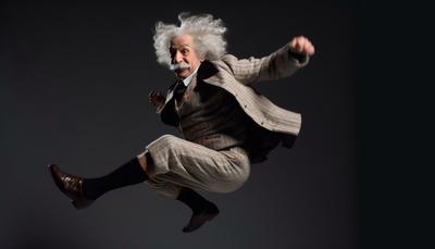 SI illustration of a white-haired Einstein leaping in midair in a light suit against a dark background.
