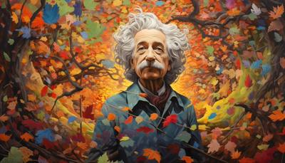 SI illustration in a bright painterly style of a white-haired Einstein surrounded by autumn leaves and flowers.