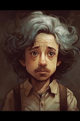 SI illustration in a painted style of a young Einstein with wavy hair, a mustache and suspenders.