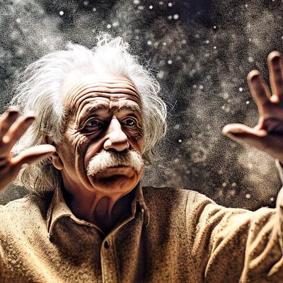 SI illustration of an elderly Einstein with wild white hair and raised hands against a starry background.