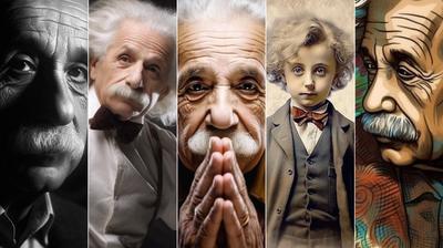 SI illustration of five tall portrait panels showing Einstein at different ages and in different styles.
