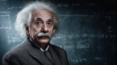 SI illustration of an elderly Einstein in a dark jacket in front of a chalkboard covered in faint writing.
