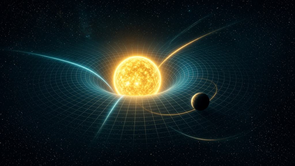 SI illustration of curved spacetime: a glowing star sits in a funnel-shaped dip in a luminous grid, with a small planet nearby and thin beams of light bending as they pass the star, against a starry black sky.