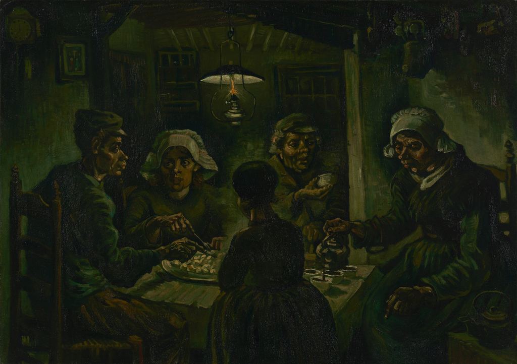 Painting by Vincent van Gogh: five peasants in dark clothes gather around a small table under a hanging oil lamp, sharing a dish of potatoes and pouring coffee, in dark earthy greens and browns.