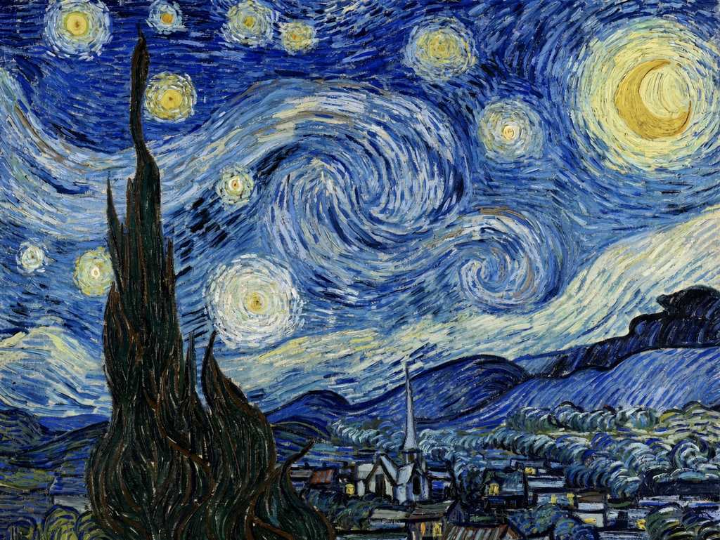SI illustration of Vincent van Gogh’s The Starry Night, a swirling blue night sky with glowing stars and a crescent moon over a small village with a church steeple, with a dark flamelike cypress rising in the foreground.