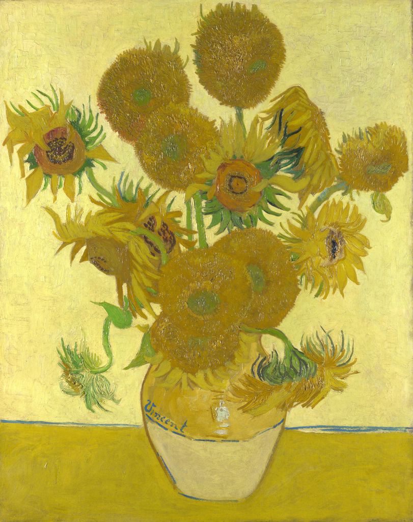 Painting by Vincent van Gogh: a bunch of sunflowers, some full and some wilting, in a yellow earthenware vase on a yellow table against a pale yellow wall.