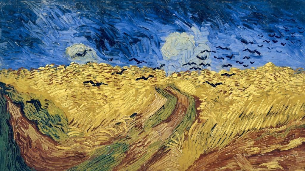 SI illustration of Vincent van Gogh’s Wheatfield with Crows, a wide golden wheat field split by a red-brown path under a dark blue stormy sky, with black crows flying low over the field.