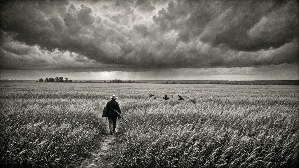 SI illustration of a lone figure in a hat walking a narrow path through a vast wheat field under heavy storm clouds, with crows low over the field. Black and white.