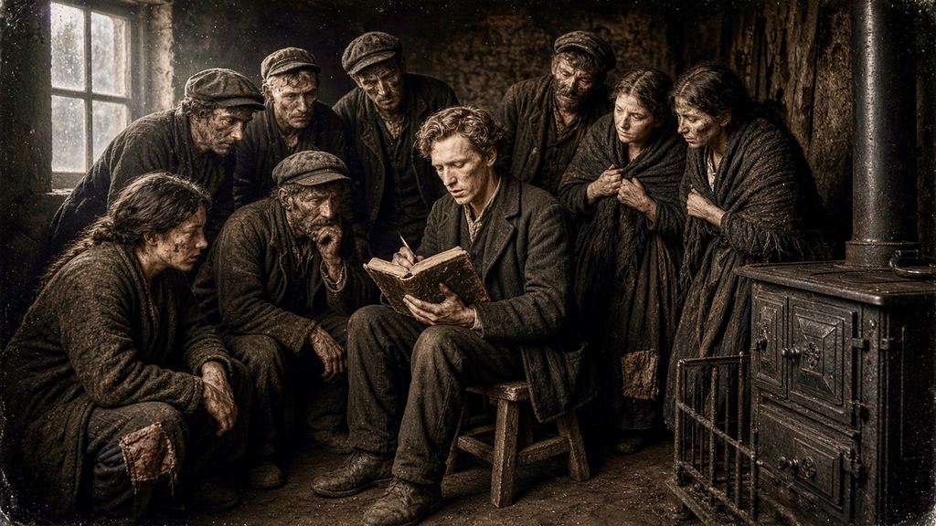 SI illustration of a gaunt young Van Gogh seated with an open book, reading to a close circle of coal miners, men and women in dark caps and shawls, in a dim cottage beside an iron stove. Sepia.