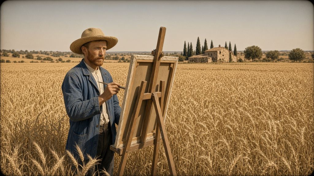 SI illustration of Vincent van Gogh in a straw hat, short reddish beard and blue workman's smock, brush raised at a wooden field easel in a ripe wheat field, with cypresses and a stone farmhouse on the horizon. Warm sepia tones.