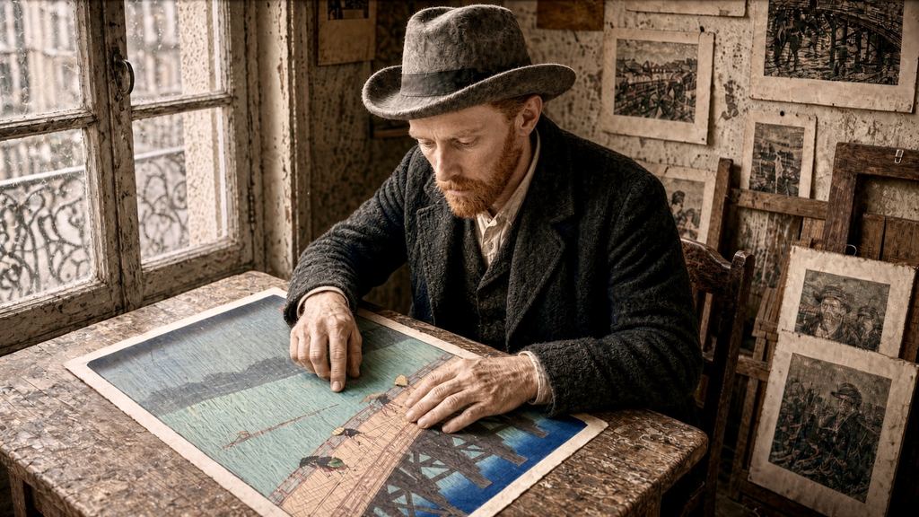 SI illustration of Van Gogh in a gray felt hat and dark coat leaning over a table to study a large Japanese woodblock print of a bridge, with framed prints and sketches on the wall behind him and a window at left. Muted color.