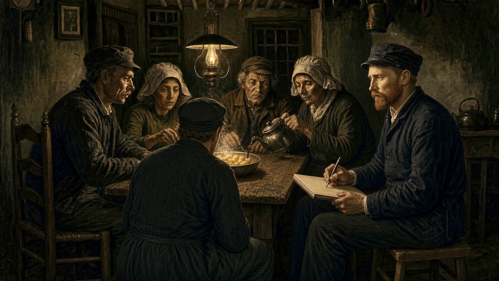 SI illustration of Van Gogh in a cap and dark jacket sketching on a board at the end of a farmhouse table, where a peasant family shares a dish of potatoes under a hanging lamp. Sepia.