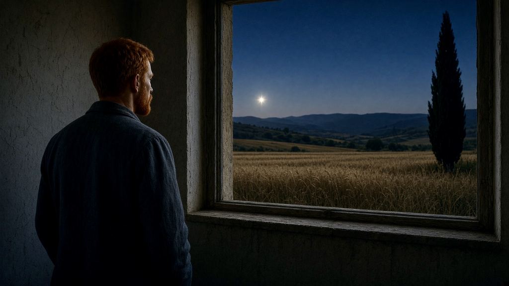 SI illustration of Van Gogh seen from behind in a dark room, looking out a window at a deep blue sky before sunrise, with one bright star low over the hills, a tall cypress and a field below.