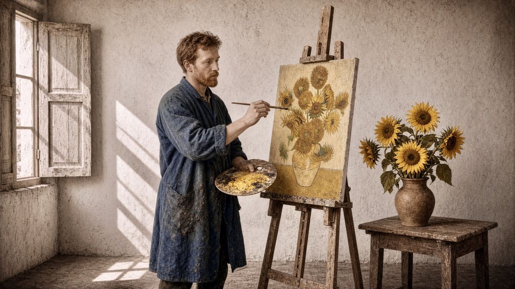 SI illustration of Van Gogh in a paint-stained blue smock, palette in hand, painting a canvas of sunflowers at a wooden easel beside a vase of real sunflowers on a small table, in a bright whitewashed room with sunlight from an open shuttered window.