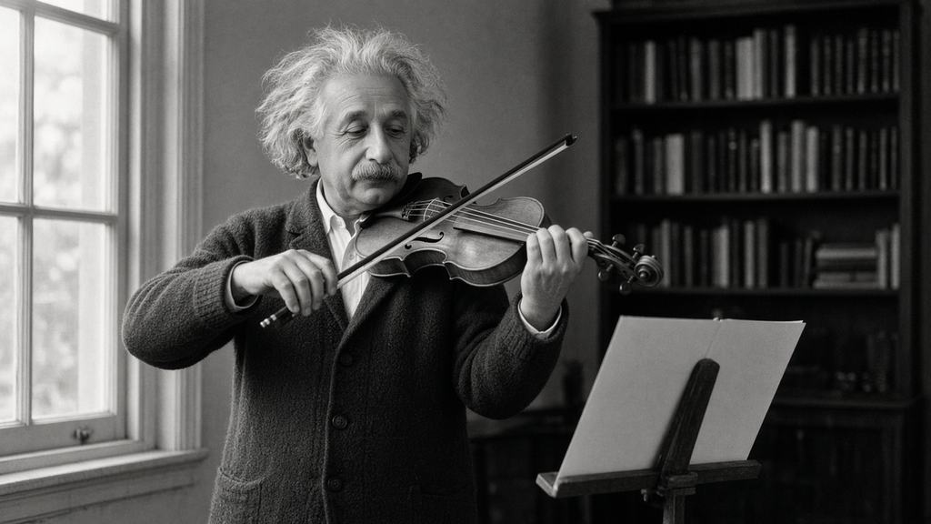 SI illustration of Albert Einstein with white, untamed hair and a gray mustache, in a knit cardigan, playing the violin with eyes half closed beside a tall window and a music stand holding blank sheets, bookshelves behind him. Black and white.